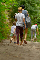 Fototapeta premium A group of diverse individuals are casually walking down a narrow dirt path deep within the peaceful woods surrounded by nature