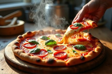 Cheesy Pizza Close Up with Melting Mozzarella and Crispy Crust