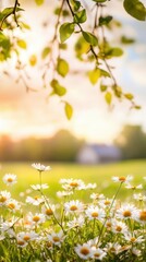 A serene view of a field of daisies bathed in warm sunlight with a blurred background of a house, creating a sense of peace and tranquility.