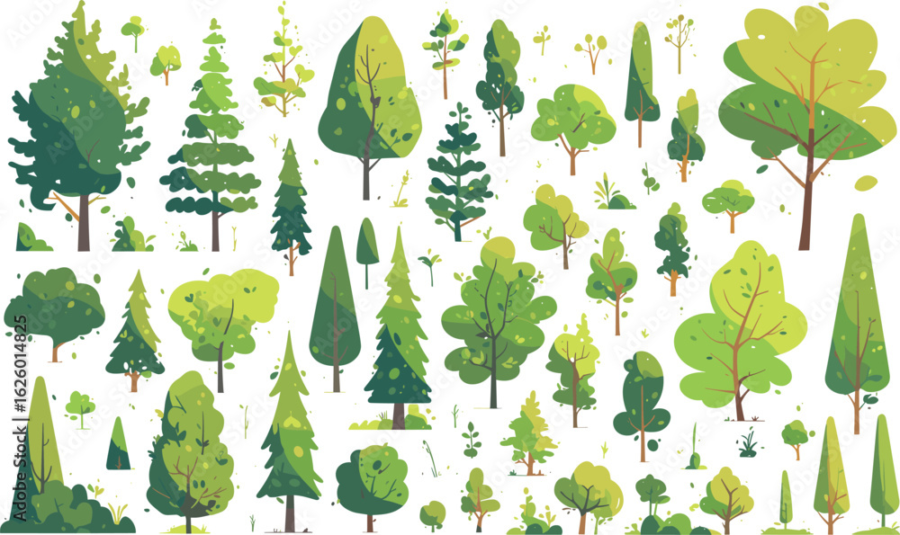 Poster array of green trees collection: a diverse array of green trees, showcasing various shapes, sizes, a