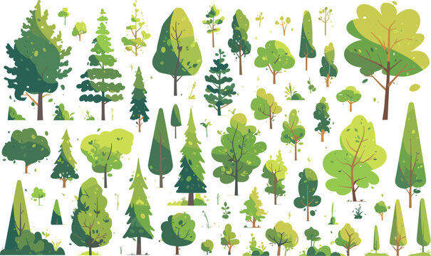 Array of Green Trees Collection: A diverse array of green trees, showcasing various shapes, sizes, and species in a vibrant, natural landscape illustration.