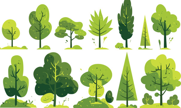 Variety of Trees illustration: A charming collection of diverse trees, each boasting its unique silhouette and lush green foliage. A versatile illustration, perfect for conveying themes of nature.