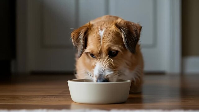 Small brown dog looking hungrily at an empty bowl on a wooden floor indoors