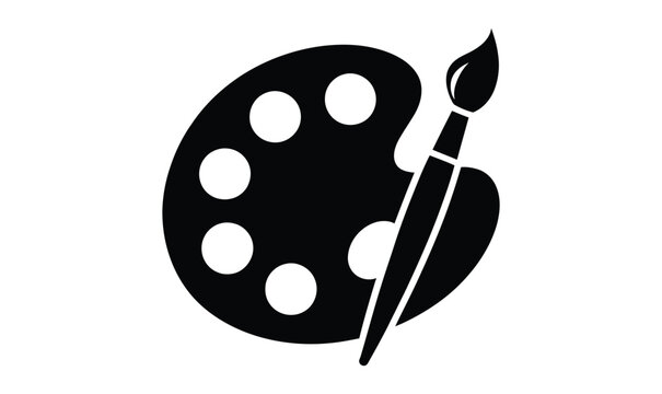 black silhouette icon of artist's paint palette and brush with circular wells, minimal vector ideal for creative, artistic, and design themesblack silhouette icon of artist's paint palette and brush w