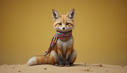 Fototapeta premium A charming fox wearing a colorful scarf sits on a sandy surface.