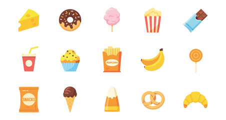 colorful cartoon illustration of assorted snack foods including donut, popcorn, fries, cupcake, chips and chocolate arranged in grid format