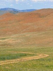 Grazing livestock and nomadic yurts on Mongolian steppe near Ulaanbaatar, captured during a horse...