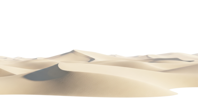 Expansive pale golden-white desert landscape featuring softly rolling sand dunes and distant jagged mountains, presented as a monumental standalone object on a transparent plain, shadowless