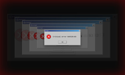 Operating system critical error warning. Retro user interface window with system failure. Software tech crash or bug report concept. Vector illustration for digital UI themes.