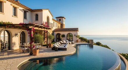 Fototapeta premium Luxurious Mediterranean villa with infinity pool overlooking the expansive ocean view
