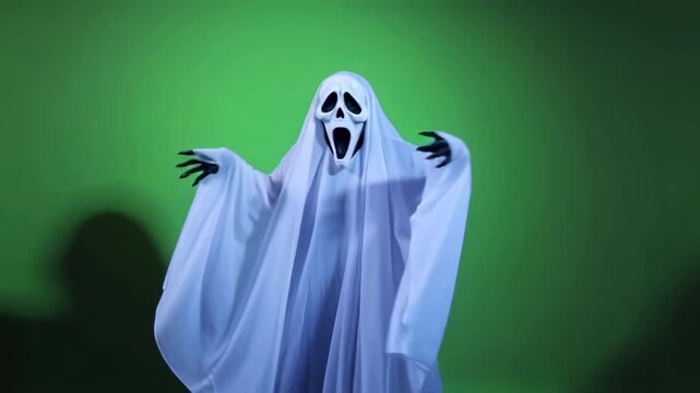 Scary ghost costume on a green background