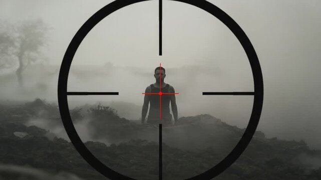 Intense video depicting a person in the crosshairs of a sniper rifle scope with a foggy backdrop