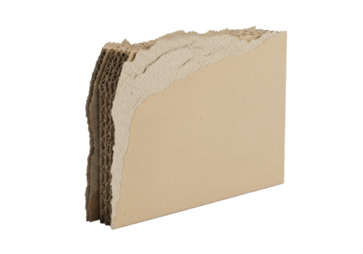 Single unique natural kraft brown cardboard with rough, highly textured torn edge, frayed fibers, matte natural finish, on pristine transparent seamless background, isolated, no shadows, ultra - Powered by Adobe