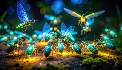 Glowing Fireflies Swarm in Magical Forest with Night, Macro, and Bokeh.
