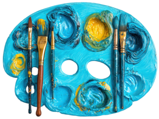 Artistic tools palette studio art supplies creative space close-up. Isolated on transparent background, png.