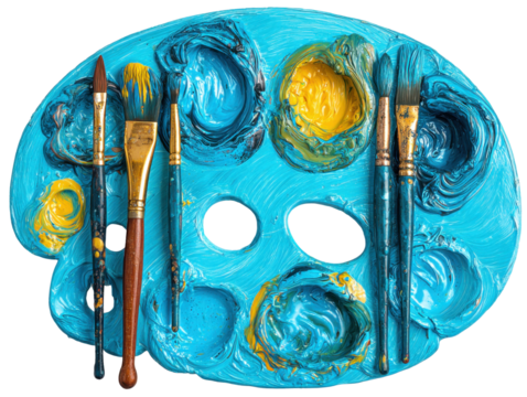 Artistic tools palette studio art supplies creative space close-up. Isolated on transparent background, png.