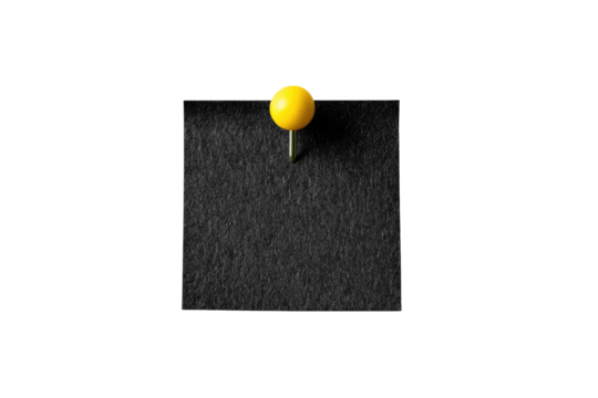 A dark gray square note pinned with a bright yellow pushpin