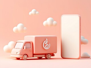 Modern digital delivery service via mobile app and truck illustration