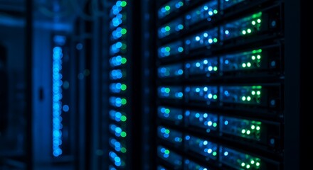 Floating server racks with glowing data streams, abstract cloud technology concept