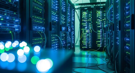 Floating server racks with glowing data streams, abstract cloud technology concept