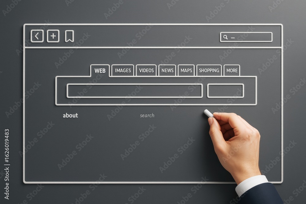 Aufkleber businessman's hand drawing web search engine interface with chalk on dark background, illustrating o
