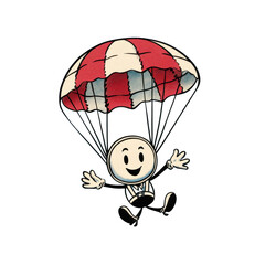 Cartoon character with round head and smile descending safely under a red and white striped parachute
