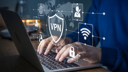 Secure VPN connection encrypting data while working online with laptop safety