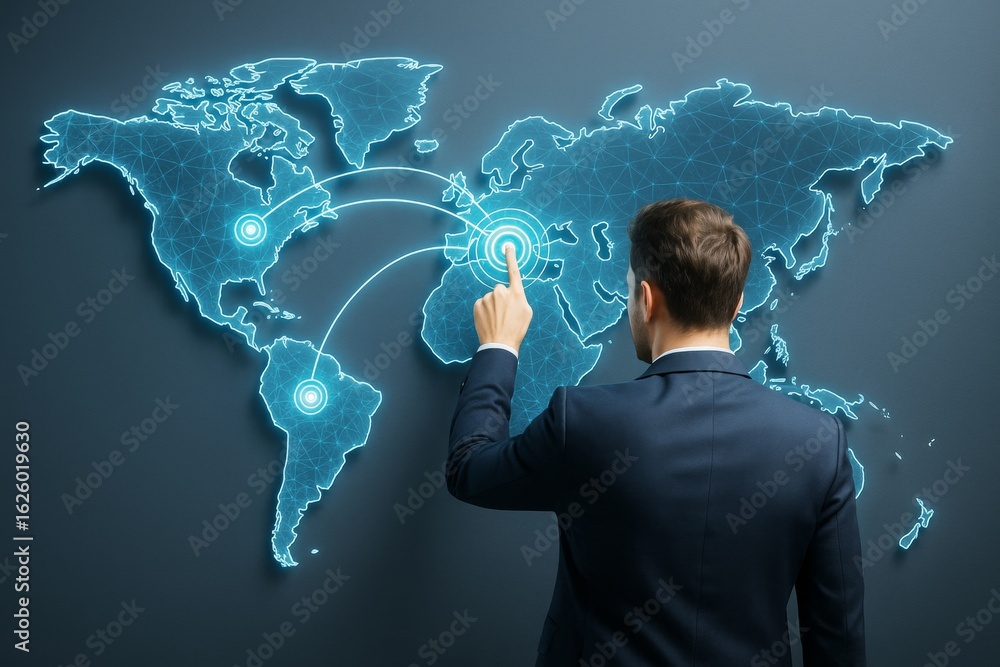 Poster businessman interacting with glowing digital world map interface on dark background for global commu