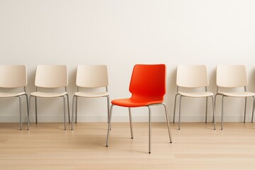 Minimalist row of beige chairs with one bright red chair on a light wooden floor and soft background wall in a creative business concept image.