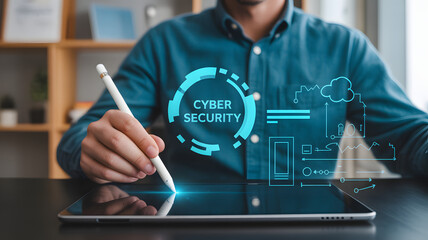 Modern cyber security data analysis on digital tablet with stylus for business