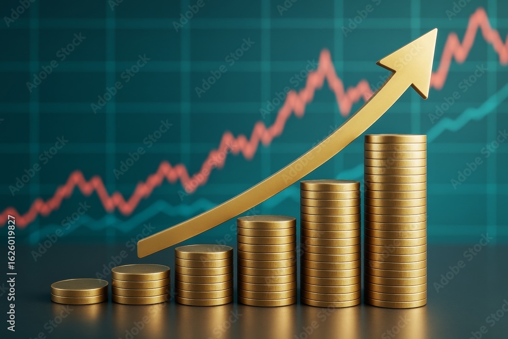 Poster golden coin stacks forming growth chart with upward arrow symbolizing financial success on abstract 
