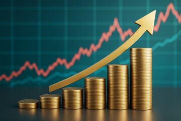 Golden coin stacks forming growth chart with upward arrow symbolizing financial success on abstract business background with light grid lines.