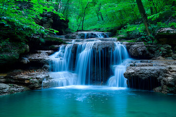 Cascading waterfall surrounded by lush greenery.