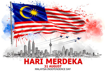 Vibrant malaysian flag waving proudly above a sketched cityscape with the text hari merdeka celebrating national independence day