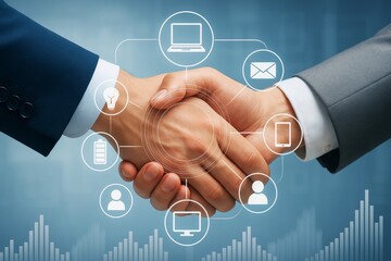 Business handshake with digital technology icons on blue background symbolizing partnership and innovation in a modern corporate environment.