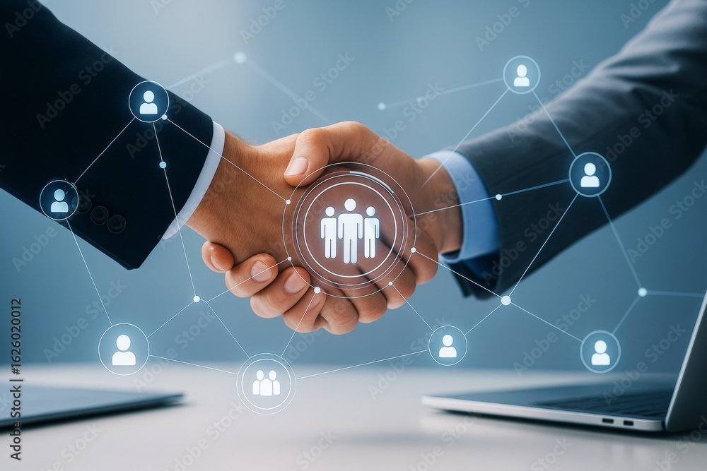 Poster business handshake symbolizing partnership and networking with digital human icons on a light blue b