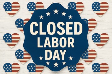Closed labor day announcement with patriotic heart decorations on white wood background