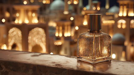 A luxurious perfume bottle stands illuminated at night in a lively Middle Eastern ambiance, reflecting sophistication and cultural charm. The warm glow suggests luxury, tradition, and refinement.