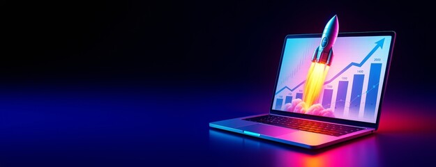 Rocket launching from laptop screen with business growth chart, symbolizing startup success and financial boost on futuristic background.