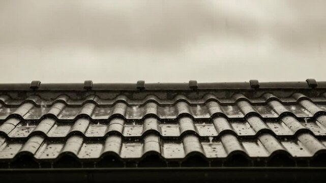 Monochromatic view of rain droplets gracefully dancing upon roof tiles in the rain