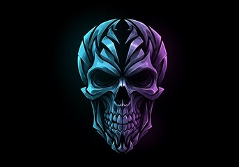 Stylized skull with tribal tattoo design in blue and purple color scheme