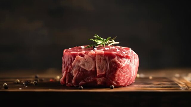 Raw beef steak rests with salt and pepper seasoning, topped with fresh rosemary sprig. Rotation camera movement
