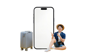 A happy traveler with a travel bag and a large phone on png background 