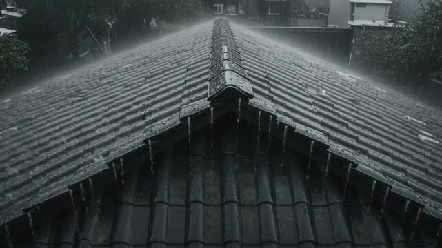 Mesmerizing heavy rainfall on an old tiled roof, creating a calming atmosphere