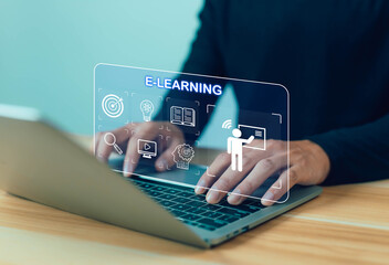 Man with virtual screen Online Education Concept Choose the correct answer Online Digital Technology Concept Online Learning Training Course Digital