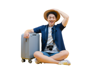 A smiling man, getting ready for a trip with his suitcase and camera on png background 