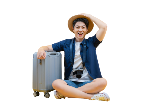 A smiling man, getting ready for a trip with his suitcase and camera on png background 