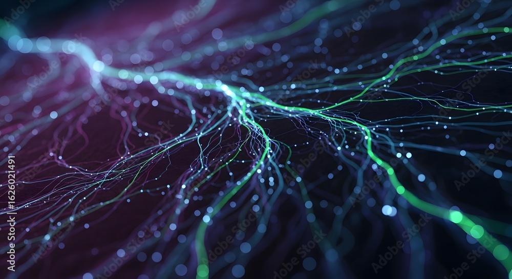 Poster vibrant abstract network of glowing neural pathways pulsing with electric energy, perfect for techno