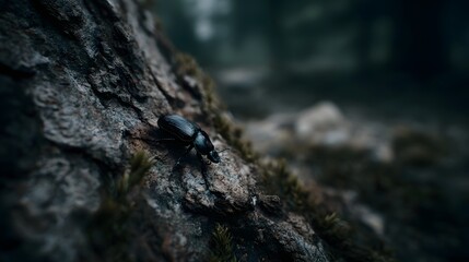 Fototapeta premium Beetle crawling on the textured bark of a tree in a dense forest