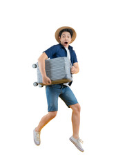 A young man in travel attire, filled with excitement, jumps while carrying a suitcase against png background 